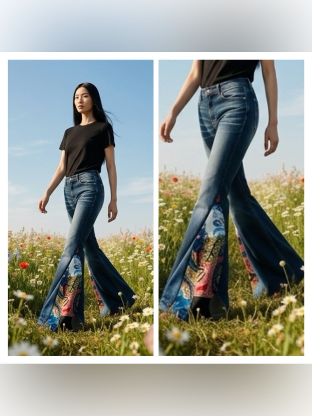 Handmade Patchwork Bell bottom Jeans Unisex Upcycled Mens Jeans - Picture 5 of 11